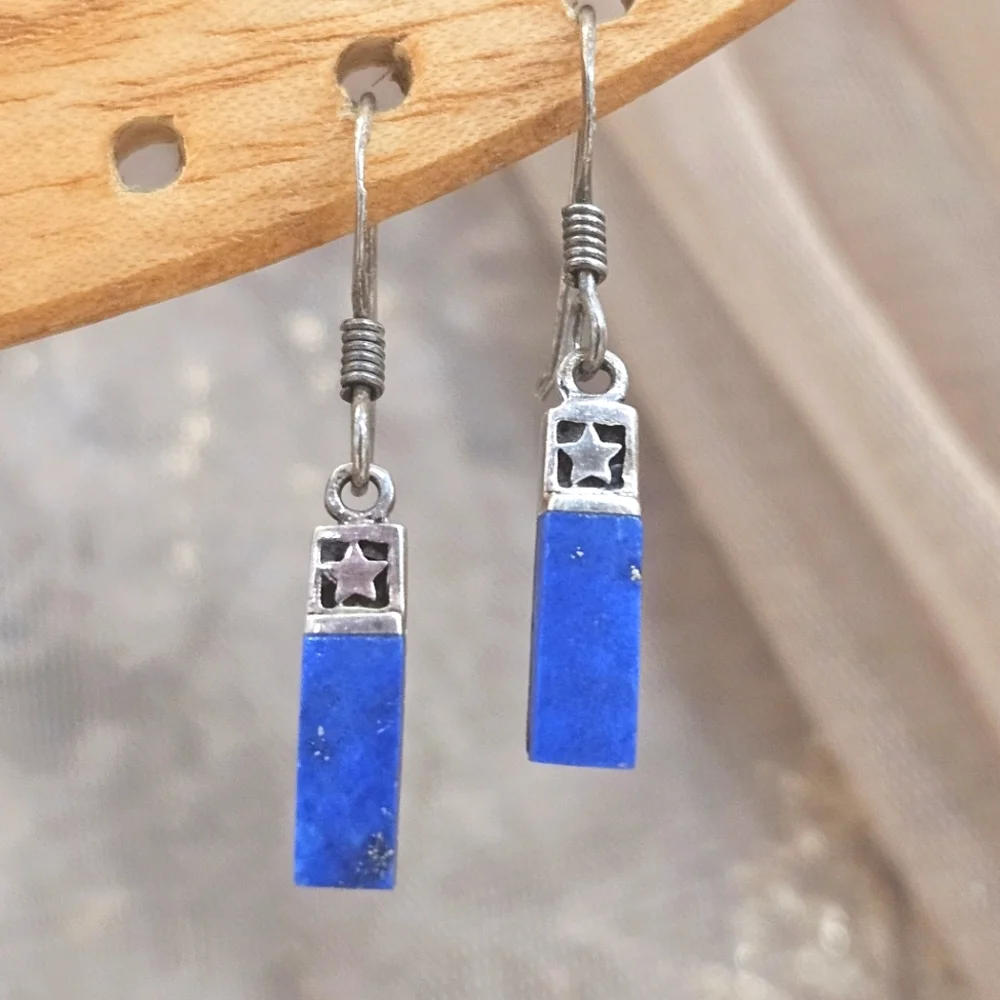 Lapis Lazuli Blue Stone 925 Mexico Delicate Dangle Earrings Sterling Silver